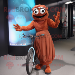 Rust Unicyclist mascot costume character dressed with a Maxi Dress and Gloves