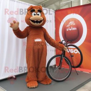 Rust Unicyclist mascot costume character dressed with a Maxi Dress and Gloves