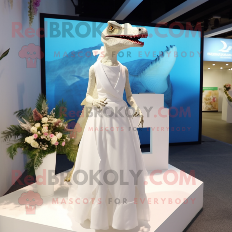 White Dimorphodon mascot costume character dressed with a Wedding Dress and Anklets