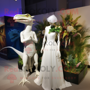 White Dimorphodon mascot costume character dressed with a Wedding Dress and Anklets