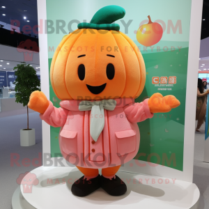 Peach Pumpkin mascot costume character dressed with a Cardigan and Berets