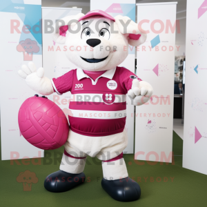 White Pink mascot costume character dressed with a Rugby Shirt and Clutch bags