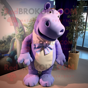 Lavender Hippopotamus mascot costume character dressed with a Jeans and Bow ties