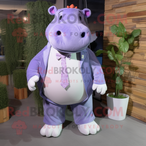 Lavender Hippopotamus mascot costume character dressed with a Jeans and Bow ties