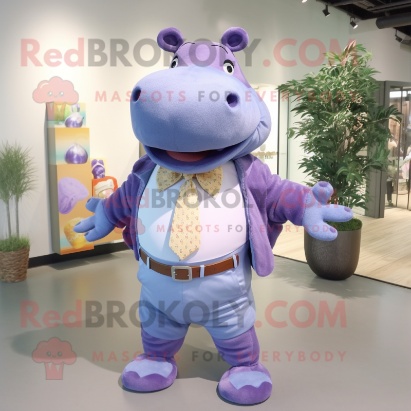 Lavender Hippopotamus mascot costume character dressed with a Jeans and Bow ties Lavender Hippopotamus mascot costume character dressed with a Jeans and Bow ties
