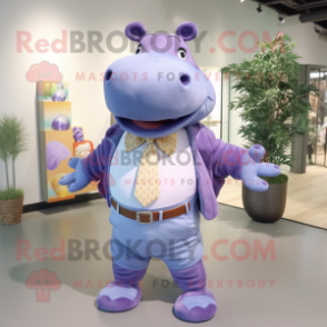 Lavender Hippopotamus mascot costume character dressed with a Jeans and Bow ties