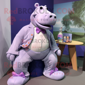 Lavender Hippopotamus mascot costume character dressed with a Jeans and Bow ties