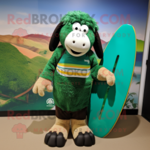 Green Suffolk Sheep mascot costume character dressed with a Board Shorts and Shawls