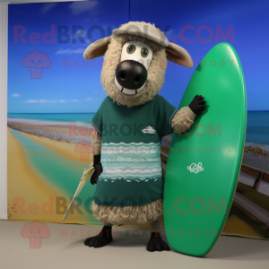 Green Suffolk Sheep mascot costume character dressed with a Board Shorts and Shawls