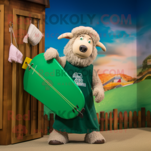 Green Suffolk Sheep mascot costume character dressed with a Board Shorts and Shawls