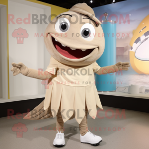 Beige Tuna mascot costume character dressed with a Sheath Dress and Shoe laces
