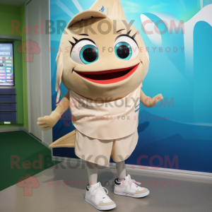 Beige Tuna mascot costume character dressed with a Sheath Dress and Shoe laces