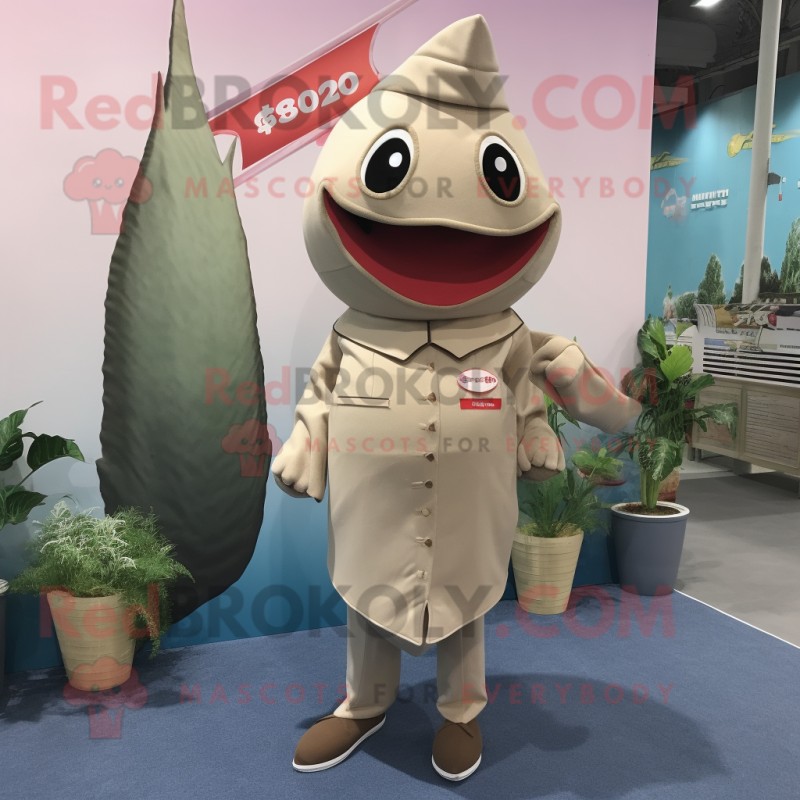 Beige Tuna mascot costume character dressed with a Sheath Dress and Shoe laces Beige Tuna mascot costume character dressed with a Sheath Dress and Shoe laces