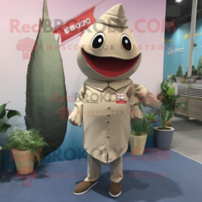 Beige Tuna mascot costume character dressed with a Sheath Dress and Shoe laces
