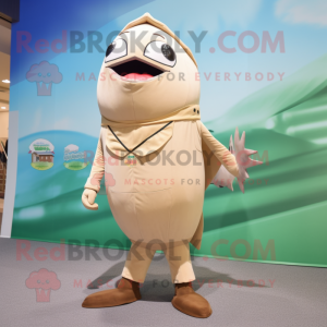 Beige Tuna mascot costume character dressed with a Sheath Dress and Shoe laces