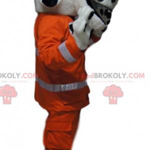 Mascote dálmata com uma roupa de trabalho laranja -