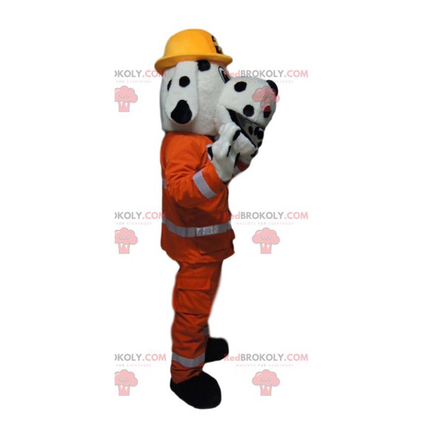 Mascotte de dalmatien avec une tenue de travail orange -