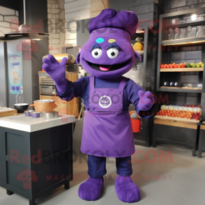 Purple Goulash mascot costume character dressed with a Overalls and Mittens