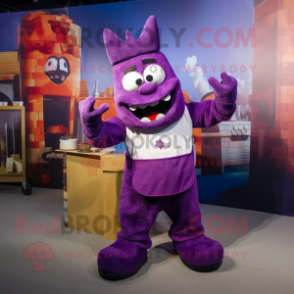 Purple Goulash mascot costume character dressed with a Overalls and Mittens