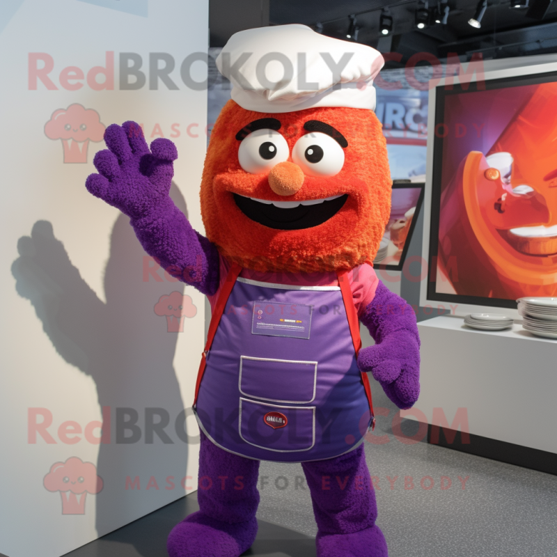 Purple Goulash mascot costume character dressed with a Overalls and Mittens