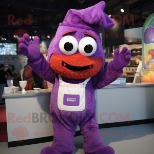 Purple Goulash mascot costume character dressed with a Overalls and Mittens