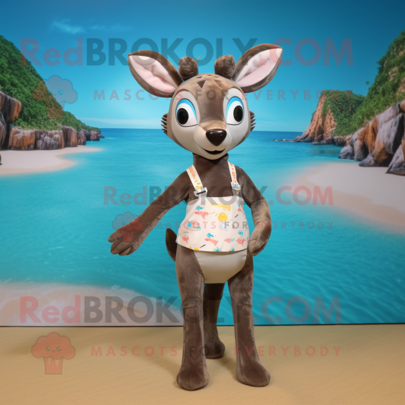 Gray Roe Deer mascot costume character dressed with a One-Piece Swimsuit and Brooches