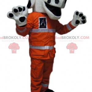 Mascotte de dalmatien avec une tenue de travail orange -
