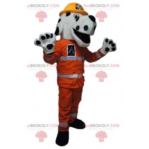 Mascote dálmata com uma roupa de trabalho laranja -