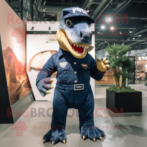 Navy Tyrannosaurus mascot costume character dressed with a Overalls and Mittens