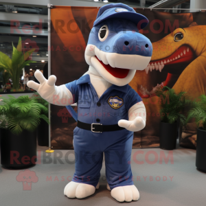 Navy Tyrannosaurus mascot costume character dressed with a Overalls and Mittens