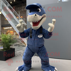 Navy Tyrannosaurus mascot costume character dressed with a Overalls and Mittens