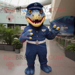 Navy Tyrannosaurus mascot costume character dressed with a Overalls and Mittens