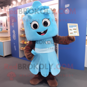Sky Blue Chocolate Bar mascot costume character dressed with a Playsuit and Hair clips