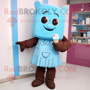 Sky Blue Chocolate Bar mascot costume character dressed with a Playsuit and Hair clips