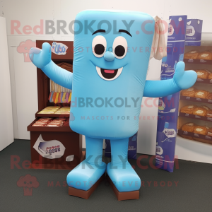 Sky Blue Chocolate Bar mascot costume character dressed with a Playsuit and Hair clips