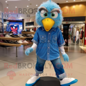 Sky Blue Eagle mascot costume character dressed with a Jeans and Shoe laces