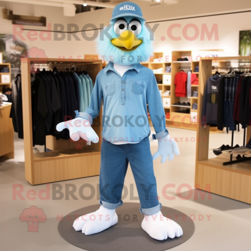 Sky Blue Eagle mascot costume character dressed with a Jeans and Shoe laces