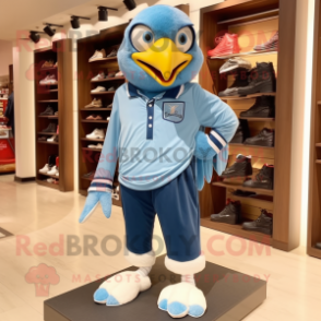 Sky Blue Eagle mascot costume character dressed with a Jeans and Shoe laces