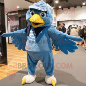 Sky Blue Eagle mascot costume character dressed with a Jeans and Shoe laces