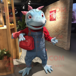 Red Axolotls mascot costume character dressed with a Denim Shirt and Tote bags