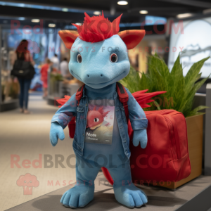Red Axolotls mascot costume character dressed with a Denim Shirt and Tote bags
