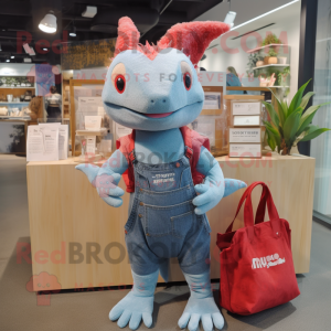 Red Axolotls mascot costume character dressed with a Denim Shirt and Tote bags