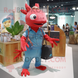 Red Axolotls mascot costume character dressed with a Denim Shirt and Tote bags