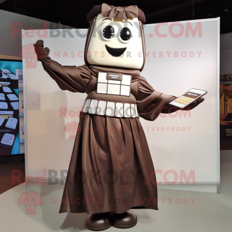 Cream Chocolate Bars mascot costume character dressed with a Evening Gown and Suspenders