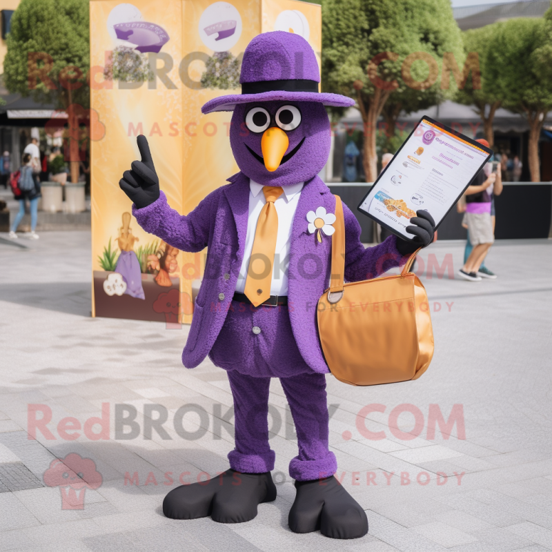 Lavender Paella mascot costume character dressed with a Suit and Wallets Lavender Paella mascot costume character dressed with a Suit and Wallets