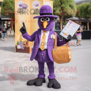 Lavender Paella mascot costume character dressed with a Suit and Wallets