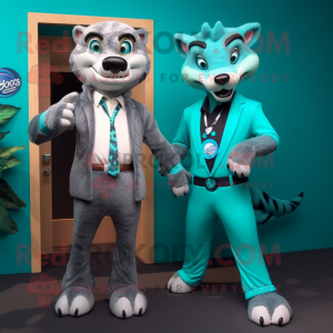 Cyan Thylacosmilus mascot costume character dressed with a Bodysuit and Ties