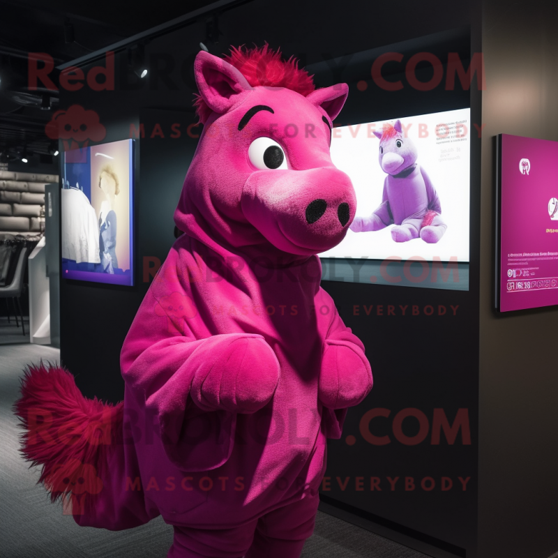 Magenta Horse mascot costume character dressed with a Parka and Shawl pins
