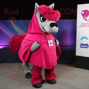 Magenta Horse mascot costume character dressed with a Parka and Shawl pins