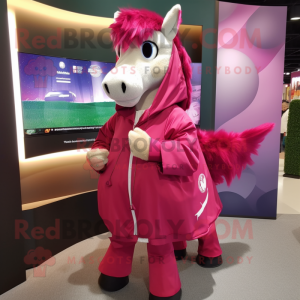 Magenta Horse mascot costume character dressed with a Parka and Shawl pins